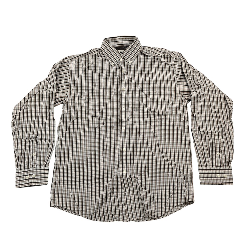 Joseph Abboud Dress Shirt Mens Medium Brown Plaid Classic Fit Non-Iron Cotton